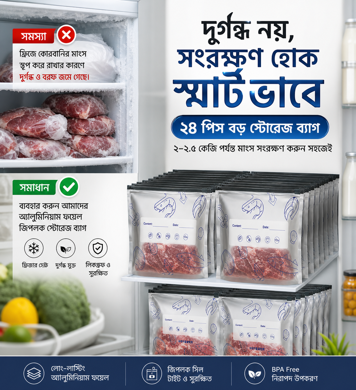 ২৪ পিস অ্যালুমিনিয়াম ফয়েল জিপলক ব্যাগ  (২-২.৫ কেজি সংরক্ষণের জন্য) (27cm by 24cm)