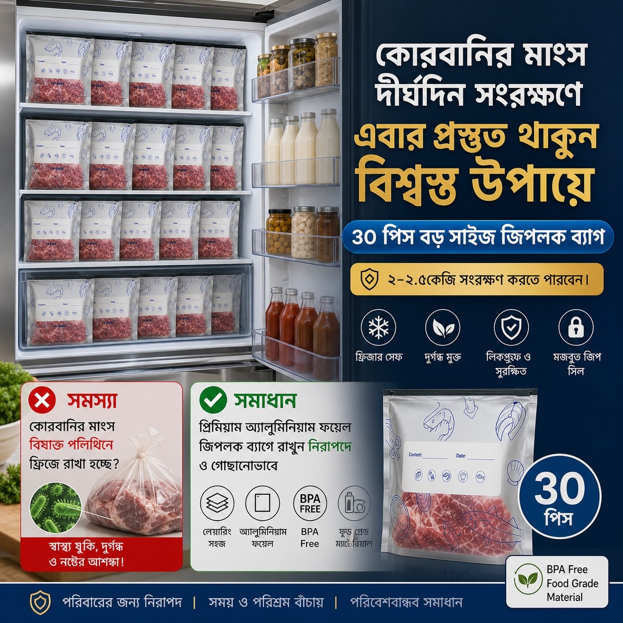 ৩০ পিস অ্যালুমিনিয়াম ফয়েল জিপলক ব্যাগ  (২-২.৫ কেজি সংরক্ষণের জন্য) (27cm by 24cm)
