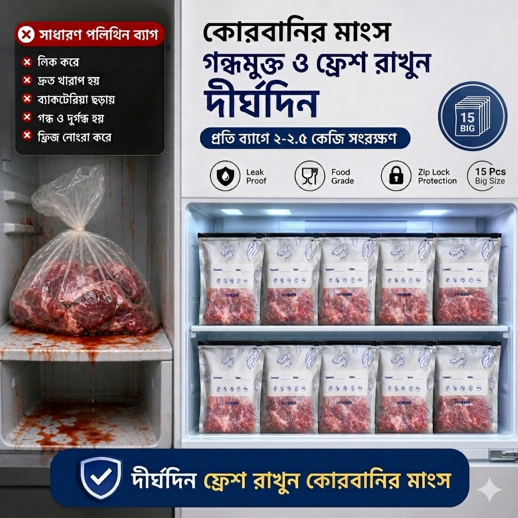 ১৫ পিস অ্যালুমিনিয়াম ফয়েল জিপলক ব্যাগ (২-২.৫ কেজি সংরক্ষণের জন্য) (27cm by 24cm)