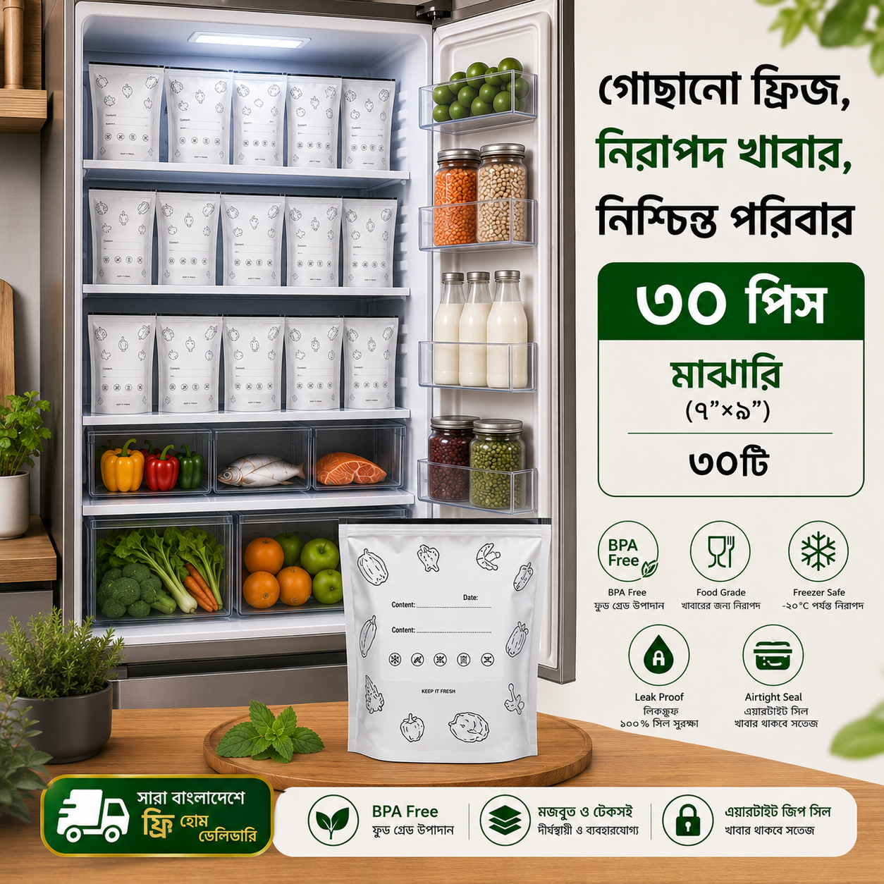 ৩০পিস মিডিয়াম অ্যালুমিনিয়াম ফয়েল জিপলক ব্যাগ (৯"×৭" ইঞ্চি)