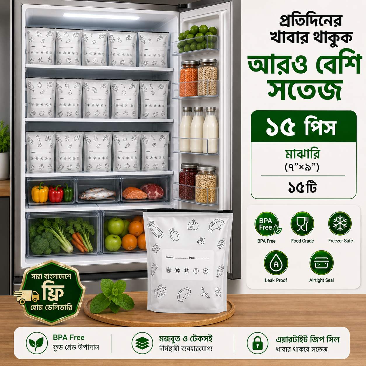 ১৫পিস মিডিয়াম অ্যালুমিনিয়াম ফয়েল জিপলক ব্যাগ  (৯"×৭" ইঞ্চি)