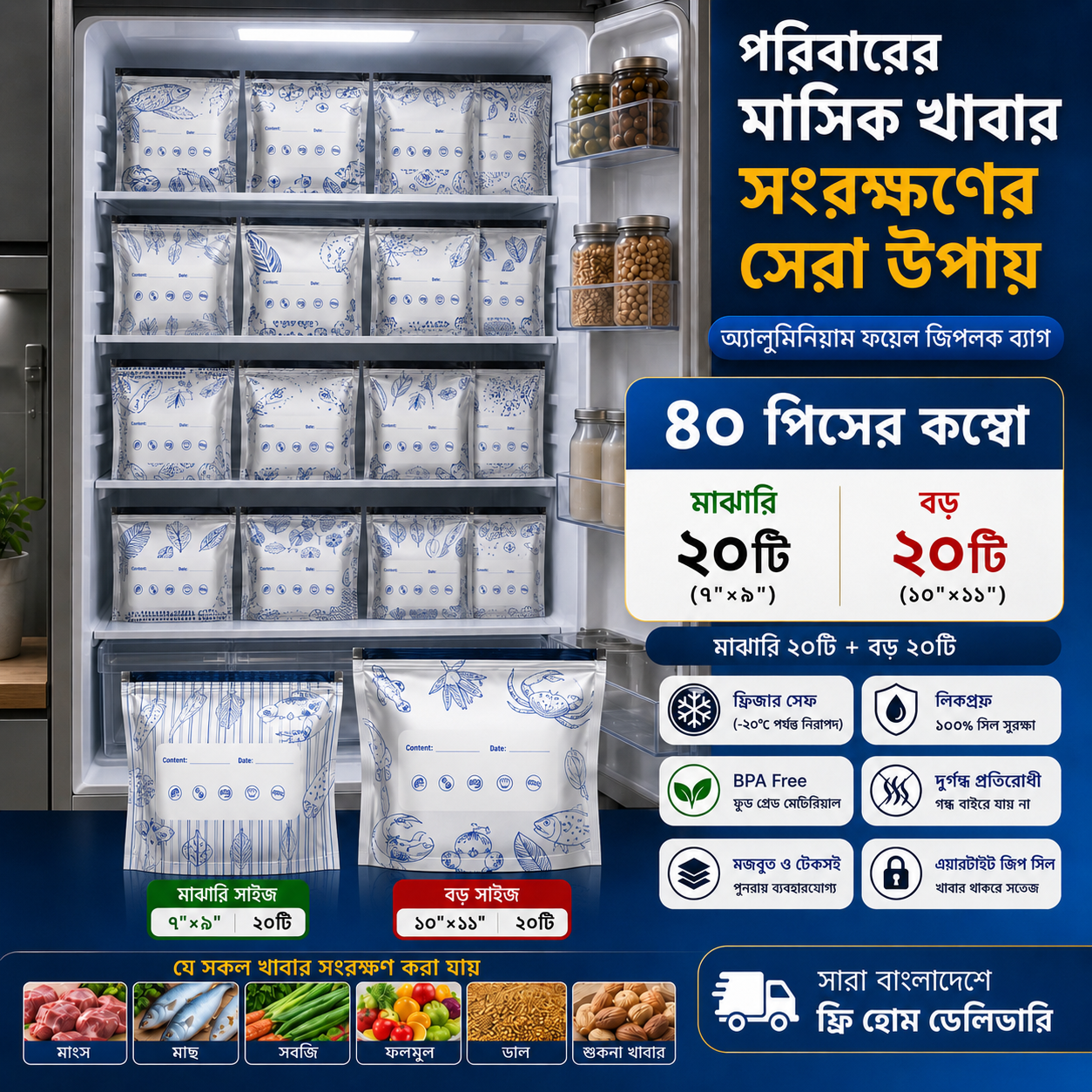 [Combo]৪০ পিস অ্যালুমিনিয়াম ফয়েল জিপলক ব্যাগ( বড় মাঝারি ২০টি করে)