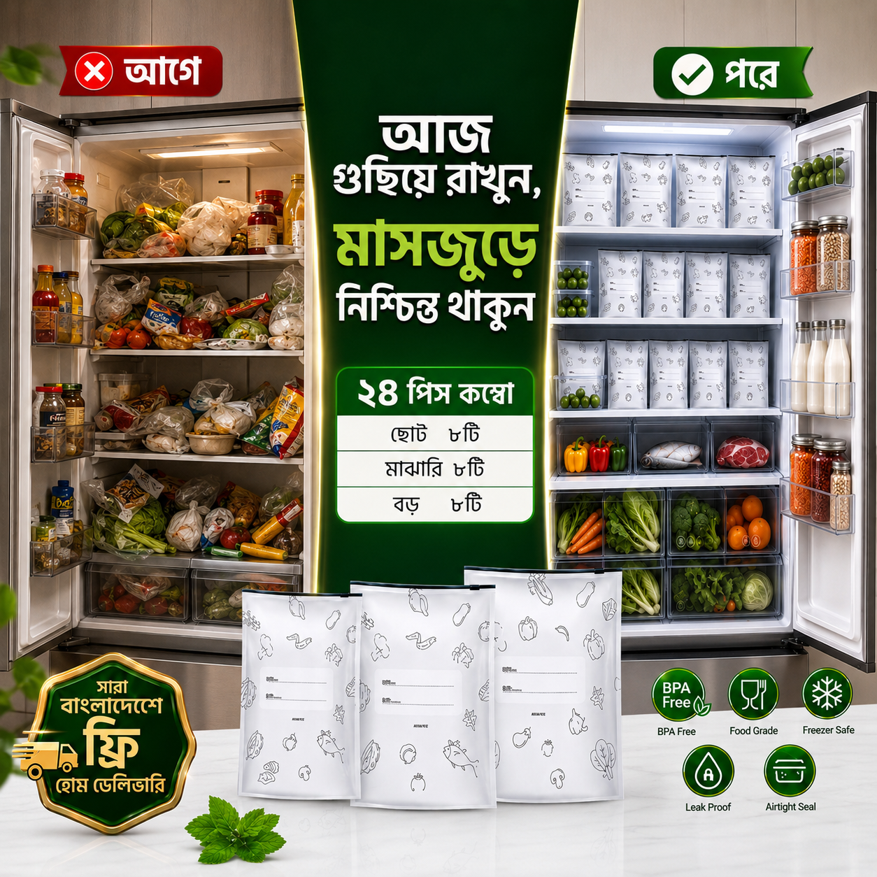 [Combo]২৪পিস অ্যালুমিনিয়াম ফয়েল জিপলক ব্যাগ (৩ সাইজের ৮টি করে)
